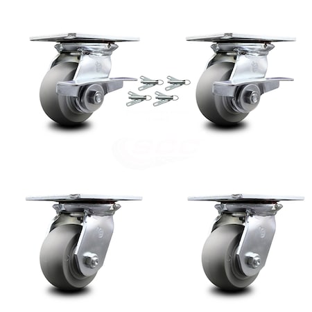 Service Caster 4 Inch Thermoplastic Caster Set with Roller Bearing 4 Swivel Lock and 2 Brake SCC-35S420-TPRRD-SLB-BSL-2-BSL-2